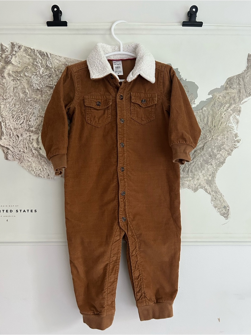 Carter's Brown Corduroy Jumpsuit with White Sherpa Collar